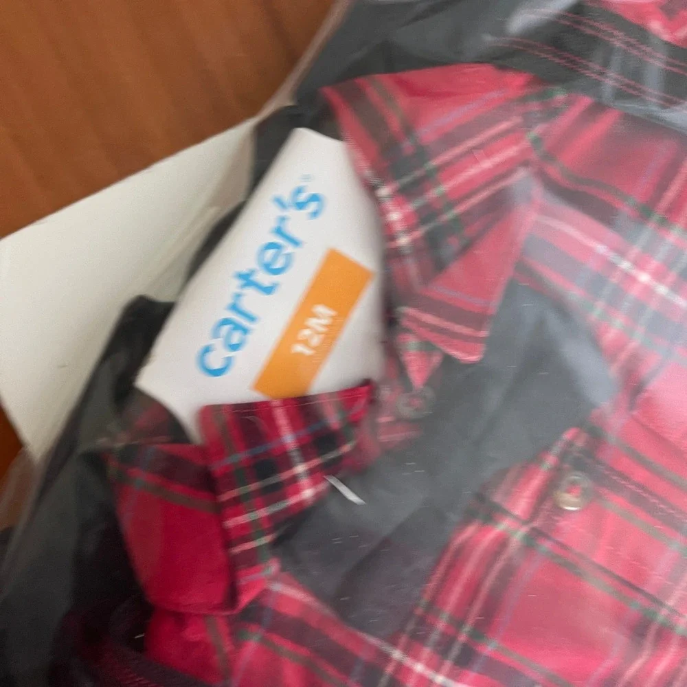 Carters Baby Boys 12M 4-Piece Plaid Shirt Suspenders Pants Bow Tie Set Red Black